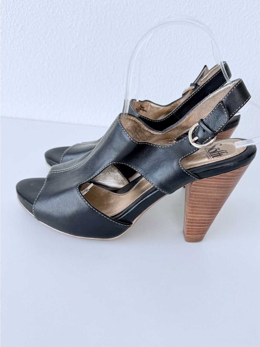 Sofft Black Leather Cutout Slingback Heels with Stacked Wood-Look Block Heel